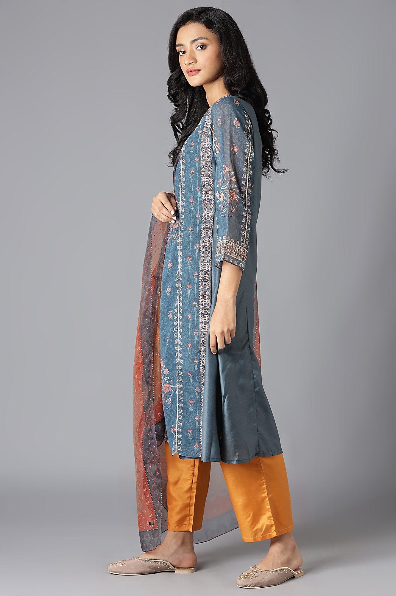 Teal Mock Layer kurta, Orange Parallel Pants And Dupatta Set - Image 4