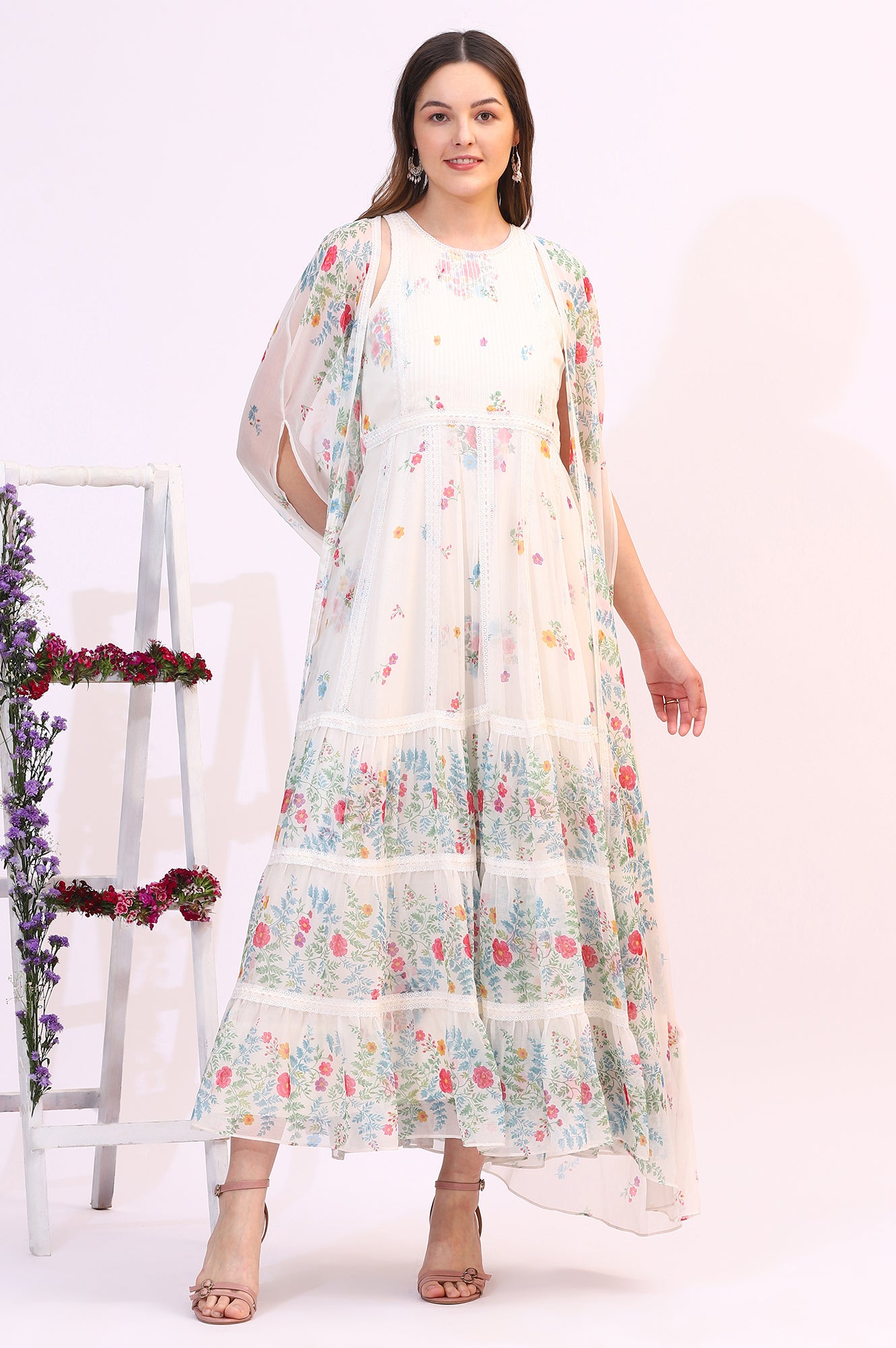 White Floral Printed Chiffon Tiered Flared Dress with Printed Cape - Image 9
