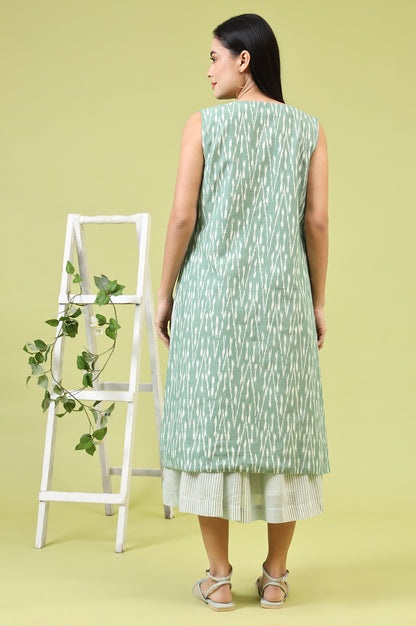 White and Green Geometric Printed Flared Spaghetti Dress and Gilet Set - Image 3