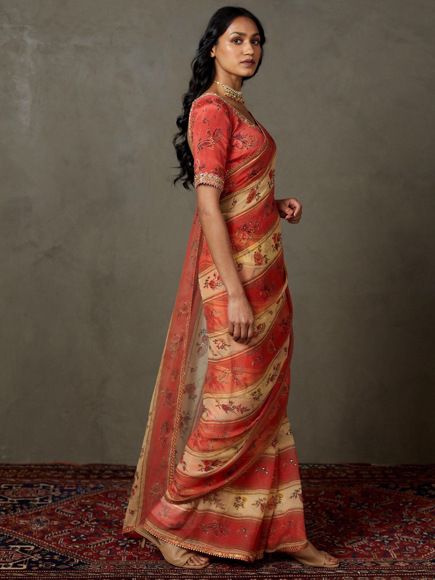 Peach & Multi Dahlia Saree With Unstitched Blouse - Image 4